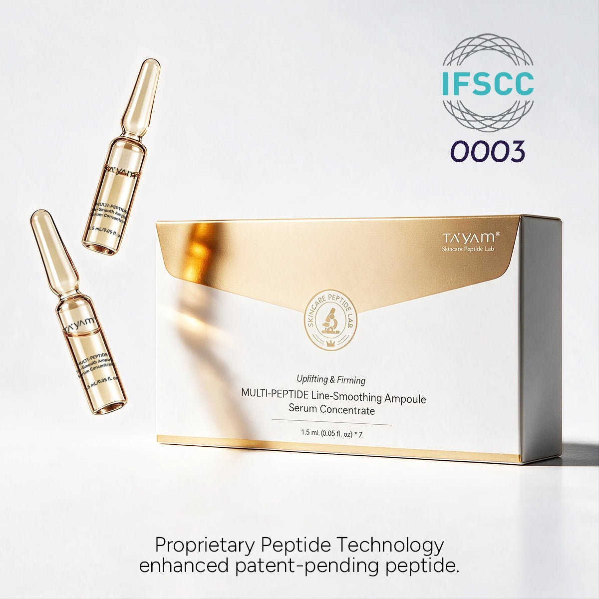 TAYAM Multi-Peptide Line-Smoothing Ampoule Serum Concentrate gift box with proprietary peptide technology and patent-pending peptide support