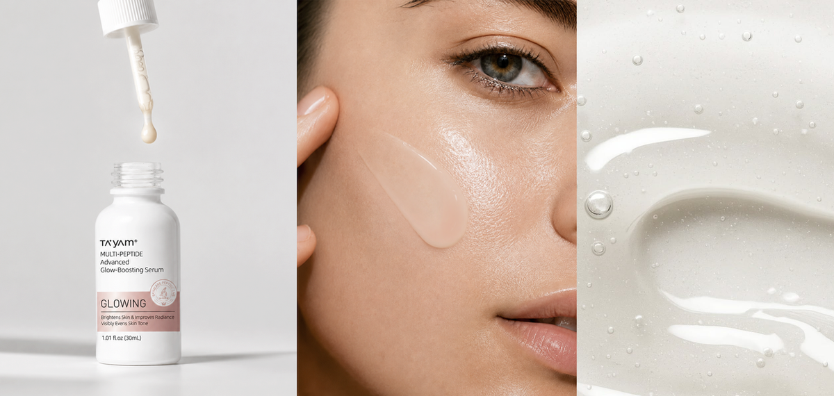 TAYAM advanced glow serum texture and lifestyle